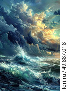 A painting depicting a tumultuous storm raging in the ocean, with massive waves crashing against each other under a dark and ominous sky. Стоковое AI-изображение, AI-художник Данила Большаков / Фотобанк Лори