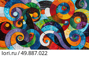 A painting featuring colorful swirls in various hues against a stark black background, creating a visually striking contrast. Стоковое AI-изображение, AI-художник Данила Большаков / Фотобанк Лори