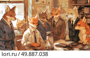 A group of foxes sitting closely together at a table, looking alert and attentive. Стоковое AI-изображение, AI-художник Данила Большаков / Фотобанк Лори