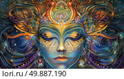 A detailed painting showcasing a womans face adorned with ornate and intricate designs, enhancing her features with elaborate patterns. Стоковое AI-изображение, AI-художник Данила Большаков / Фотобанк Лори