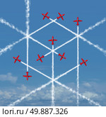 Geometric cube concept as an abstract three dimensional square shape created by the smoke trail of flying jet airplanes as a symbol for geometry or team organizing and working together for success. Стоковое фото, агентство Ingram Publishing / Фотобанк Лори