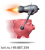 Fast cash concept and business success symbol as a piggy bank being accelerated by a rocket engine as a metaphor for quick express money or rapid financial service. Стоковое фото, агентство Ingram Publishing / Фотобанк Лори