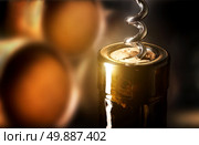 Corkscrew in a bottle on a background of barrels. Стоковое фото, агентство Ingram Publishing / Фотобанк Лори