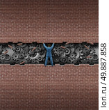 Business insider concept as a businessman lifting open a brick wall to reveal a group of mechanical gears and cog wheels exposing the inner workings of a company as market research or corporate inspection.. Стоковое фото, агентство Ingram Publishing / Фотобанк Лори