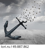 Letting go psychology concept as a heavy anchor transforming into a flying group of birds as a motivational metaphor for liberation and leaving a life or business burden behind. Стоковое фото, агентство Ingram Publishing / Фотобанк Лори