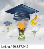Education cost and high school fees as a graduation hat shaped as a hot air balloon being lifted up by the flames of the  burning of money as a metaphor for financial money stress. Стоковое фото, агентство Ingram Publishing / Фотобанк Лори