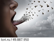 Communication concept a a person with an open mouth voicing an idea with a tongue transforming into flying birds as a thought distribution metaphor for expression and marketing ideas. Стоковое фото, агентство Ingram Publishing / Фотобанк Лори