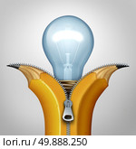 Open creativity strategy and business concept as an opened zipper on a pencil being unzipped and revealing a bright lightbulb icon as a metaphor for innovation invention and discovery. Стоковое фото, агентство Ingram Publishing / Фотобанк Лори