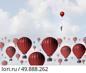 Increase efficiency and improve performance business concept as a businessman holding a balloon leading the race to the top against a group of slow hot airballoons by using a low cost winning strategy. Стоковое фото, агентство Ingram Publishing / Фотобанк Лори