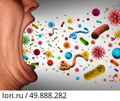 Human disease spreading as microscopic pathogens are being spread through an open mouth that is coughing or sneezing transmitting illness and contagious virus or bacteria as dangerous airborne germs. Стоковое фото, агентство Ingram Publishing / Фотобанк Лори