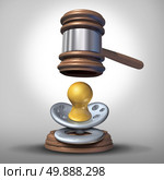 Adoption baby law and surrogacy or surrogate legal issues as a justice judge mallet or gavel coming down on an infant pacifier as a parenthood or reproductive or fertility law icon. Стоковое фото, агентство Ingram Publishing / Фотобанк Лори