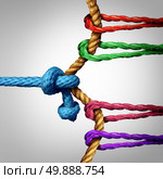 Struggle to success tug of war against a large group of competitors as a team of ropes working and pulling together to win over a single rival or one winning against many. Стоковое фото, агентство Ingram Publishing / Фотобанк Лори