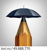 Potential security conceprt or education safety symbol or freedom of speech icon as a pencil with an umbrella protecting the writing instrument representing the guarding of ideas and security plan. Стоковое фото, агентство Ingram Publishing / Фотобанк Лори