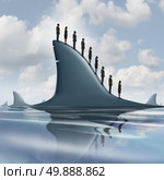 Concept of risk business metaphor as a group of courageous or unaware businesspeople standing on the dorsal fin of a giant shark as a symbol for overcoming company fear and having guts to be fearless. Стоковое фото, агентство Ingram Publishing / Фотобанк Лори