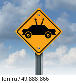 Autonomous driving concept and driverless car safety system symbol as a road traffic sign as an automobile icon with human hands and arms waving up to the sky as a metaphor for hands free autopilot transportation technology. Стоковое фото, агентство Ingram Publishing / Фотобанк Лори