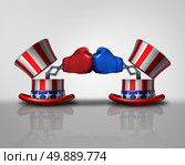 American election fight and political violence concept for campaigning for votes as an open uncle Sam top hat decorated with the flag of the United States and a surprise boxing glove fighting an opponent from the left and right. Стоковое фото, агентство Ingram Publishing / Фотобанк Лори