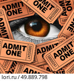 Concept of entertainment and cinema watching symbol as a group of movie admission coupons and theater entrance ticket icon with a human eye looking through as a metaphor for film critic. Стоковое фото, агентство Ingram Publishing / Фотобанк Лори