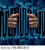 Prison lies concept as a person behind jail cell bars made from long liar noses as a metaphor for confinement due to dishonest behavior or false testimony. Стоковое фото, агентство Ingram Publishing / Фотобанк Лори