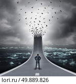 Business success abstract concept as a businessman standing on an upward 3D illustration road tranforming into a group of flying birds as a metaphor for spreading out and expanding global markets. Стоковое фото, агентство Ingram Publishing / Фотобанк Лори