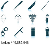 Set of twelve weapon icons with reflections. Vector illustration. Стоковая иллюстрация, агентство Ingram Publishing / Фотобанк Лори