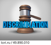 Discrimination law concept as a legal metaphopr for injustice in society as a judge gavel coming down on text as a 3D illustration. Стоковое фото, агентство Ingram Publishing / Фотобанк Лори