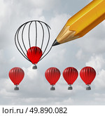 Make things better and improvement concept as a group of competing air balloons as one individual winer is helped by a pencil drawing a bigger shape resulting in an advantage with 3D illustration elements. Стоковое фото, агентство Ingram Publishing / Фотобанк Лори