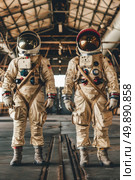 Two astronauts in white spacesuits walk through a large warehouse, exploring the industrial setting. Стоковое AI-изображение, AI-художник Данила Большаков / Фотобанк Лори
