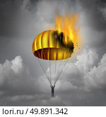 Golden parachute problem concept as a businessman in peril parachuting down with gold landing gear on fire burning down as a business challenge symbol for a company agreement failure with 3D illustration elements. Стоковое фото, агентство Ingram Publishing / Фотобанк Лори