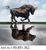 Investing warning signs as a financial stock market metaphor with a bull creating a reflection in the water of a bear as an economic downturn or recession forecast in a 3D illustration style. Стоковое фото, агентство Ingram Publishing / Фотобанк Лори