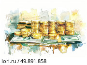 A stack of gold coins positioned on a heap of currency notes. A representation of wealth and financial assets. Стоковое AI-изображение, AI-художник Данила Большаков / Фотобанк Лори
