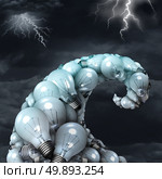 Creative storm concept as a poerful creativity symbol as a group of light bulbs shaped as a water wave undertow with lightning bolts as an inspiration metaphor and brainstorm icon with 3D illustration elements. Стоковое фото, агентство Ingram Publishing / Фотобанк Лори