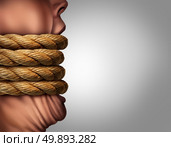 Kidnapped hostage abduction concept as a person with a big mouth tied with ropes as a censorship and suppression metaphor for communication problem in a photo realistic 3D illustration style. Стоковое фото, агентство Ingram Publishing / Фотобанк Лори