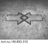 Integration concept as two groups of running people shaped as an arrow integrating together as a business metaphor for combining teams together for group success as a realistic dimensional illustration. Стоковое фото, агентство Ingram Publishing / Фотобанк Лори