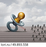 Working mother concept and struggling mom or business woman pulling a giant baby pacifier being left behind by the rest of the workforce employees as a motherhood stress metaphor with 3D illustration elements. Стоковое фото, агентство Ingram Publishing / Фотобанк Лори