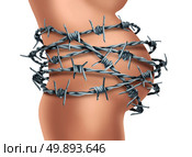 Pregnancy pain as a pregnant woman belly wrapped with sharp barbed wire as a maternal medical metaphor for painful contractions or labor pains female health symbol in a realistic 3D illustration style. Стоковое фото, агентство Ingram Publishing / Фотобанк Лори