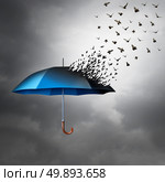 Protection freedom concept as an umbrella transforming into a group of flying birds as a metaphor for global security and risk and liberty symbol with 3D illustration elements. Стоковое фото, агентство Ingram Publishing / Фотобанк Лори