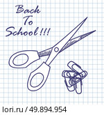 Scissors and clips. Doodle sketch on checkered paper background. Vector illustration. Стоковая иллюстрация, агентство Ingram Publishing / Фотобанк Лори