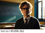Sad teacher in front of blackboard at school. Стоковое AI-изображение, AI-художник Ирина Старикова / Фотобанк Лори