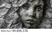 A torn piece of paper reveals a womans face, partially obscured by the edges of the tear. Стоковое AI-изображение, AI-художник Данила Большаков / Фотобанк Лори