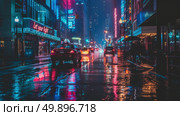 A city street illuminated by streetlights and vehicle headlights, filled with cars and buses moving through heavy traffic at night. Стоковое AI-изображение, AI-художник Данила Большаков / Фотобанк Лори