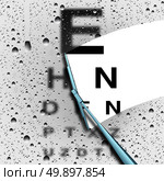 Clear vision out of focus eye test concept as a blurry eye chart with a wiper wiping away water drops for a sharper visual as a medical optometry or opthalmology symbol with 3D illustration elements. Стоковое фото, агентство Ingram Publishing / Фотобанк Лори