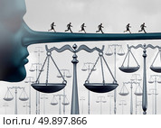 Above the law and unfair advantages concept or committing perjury symbol as a group of culprits escaping justice by running on a long liar nose over law scales as a rigged system metaphor for corruption and fraud or lack of integrity with 3D illustration elements. Стоковое фото, агентство Ingram Publishing / Фотобанк Лори
