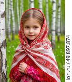 A little Russian beauty in a bright Pavlovo Posad shawl against the backdrop of birches. Стоковое AI-изображение, AI-художник Сергей Елизарьев / Фотобанк Лори