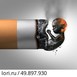 Pregnancy and smoking prenatal maternity health risk as a cigarette with the ashes shaped as a human fetus as a pregnant mother or parent dangerous smoke habit symbol with 3D illustration elements. Стоковое фото, агентство Ingram Publishing / Фотобанк Лори