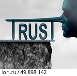 Concept of trust and honesty problem symbol as text with a long liar or lying person nose completing the letters of the word as a symbol of mistrust and doubt or loss of confidence in politics or business in a 3D illustration style. Стоковое фото, агентство Ingram Publishing / Фотобанк Лори