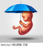 Pregnancy protection medical symbol as a human fetus holding an umbrella as a prenatal health care medicine concept to prevent disease to an unborn child with 3D illustration elements. Стоковое фото, агентство Ingram Publishing / Фотобанк Лори