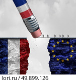France border immigration control as a European refugee crisis as people in Europe running to cross a bridge that is being erased by a French flag pencil with 3D illustration elements. Стоковое фото, агентство Ingram Publishing / Фотобанк Лори