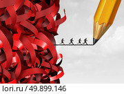 Bureaucracy and administration management success with a group of tangled red tape and people running away on a pencil drawing line as a bureaucratic solution symbol with 3D illustration elements. Стоковое фото, агентство Ingram Publishing / Фотобанк Лори