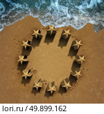 European union crisis and unity problems with beach sand shaped as the stars of the Europe flag eroding the economic and political structure causing membership stress as symbols for Greece Italy Spain Germany France and Britain brexit with 3D illustration elements. Стоковое фото, агентство Ingram Publishing / Фотобанк Лори