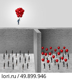 Amalgamation concept as a businessman combining a group of balloons from an organization allowing him to rise above the wall in contrast to another company of individuals each holding a balloon with 3D illustration elements. Стоковое фото, агентство Ingram Publishing / Фотобанк Лори